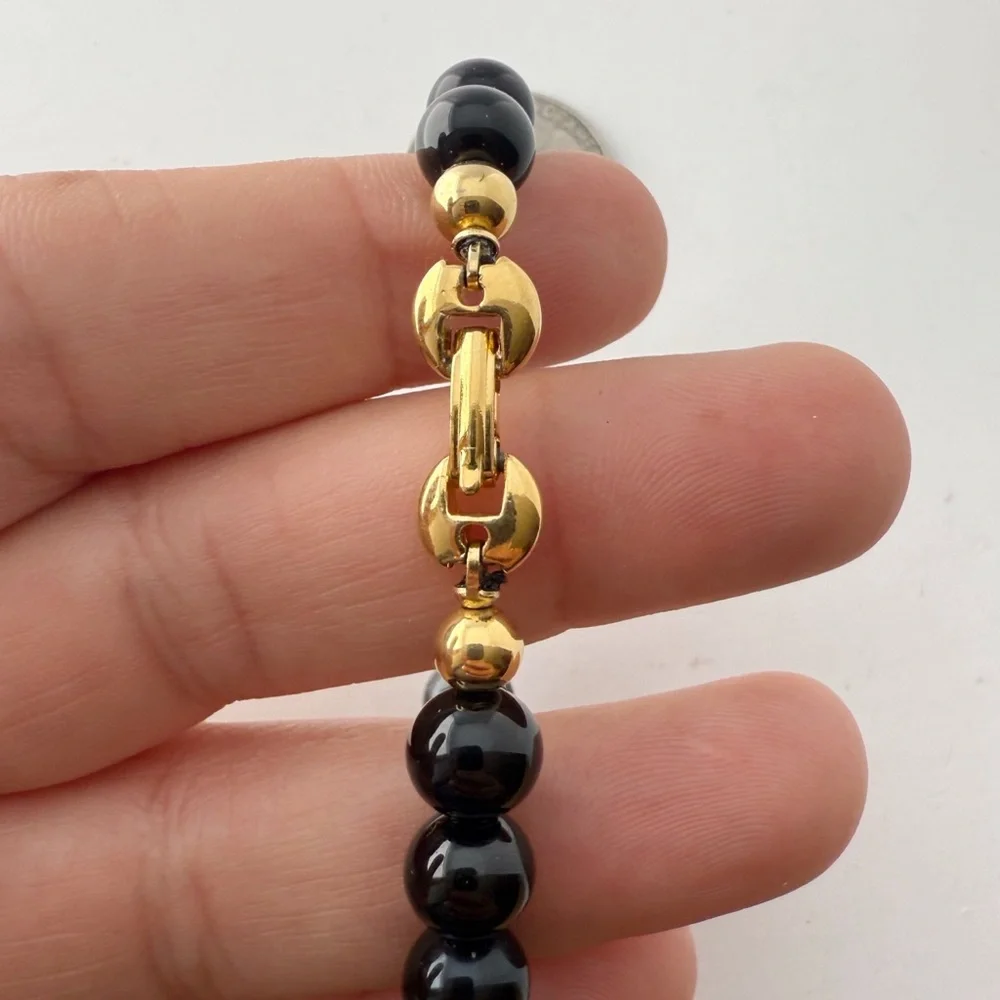 Vintage Trifari Signed Goldtone Black Glass Ball Beaded Bracelet